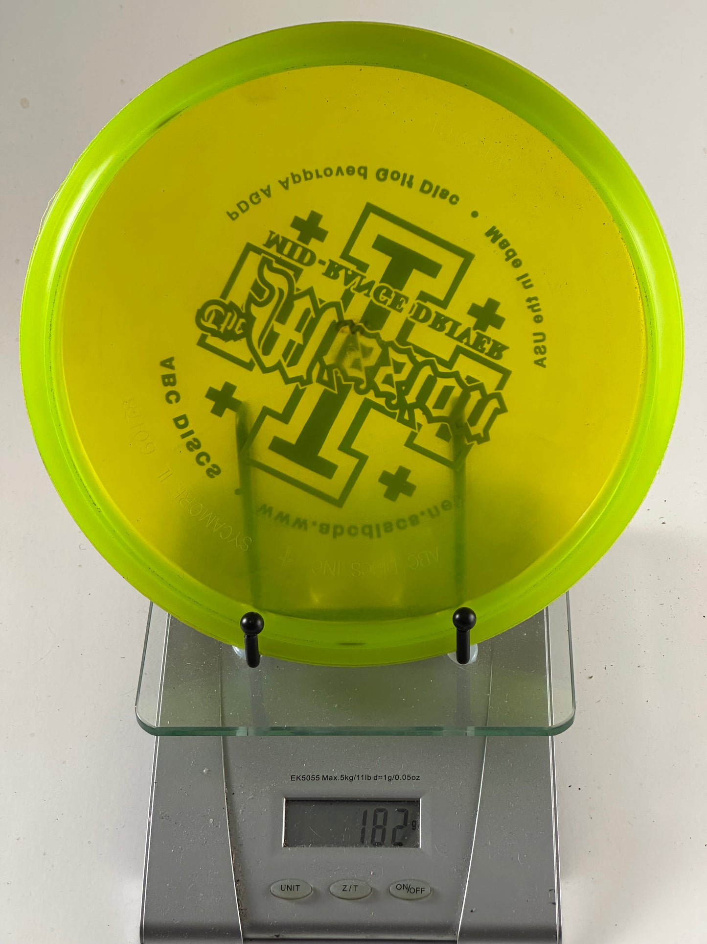 ABC Discs Champion-like translucent premium plastic Mission ABC Discs Mission mid-range driver translucent premium plastic neon yellow/green dark red stamp