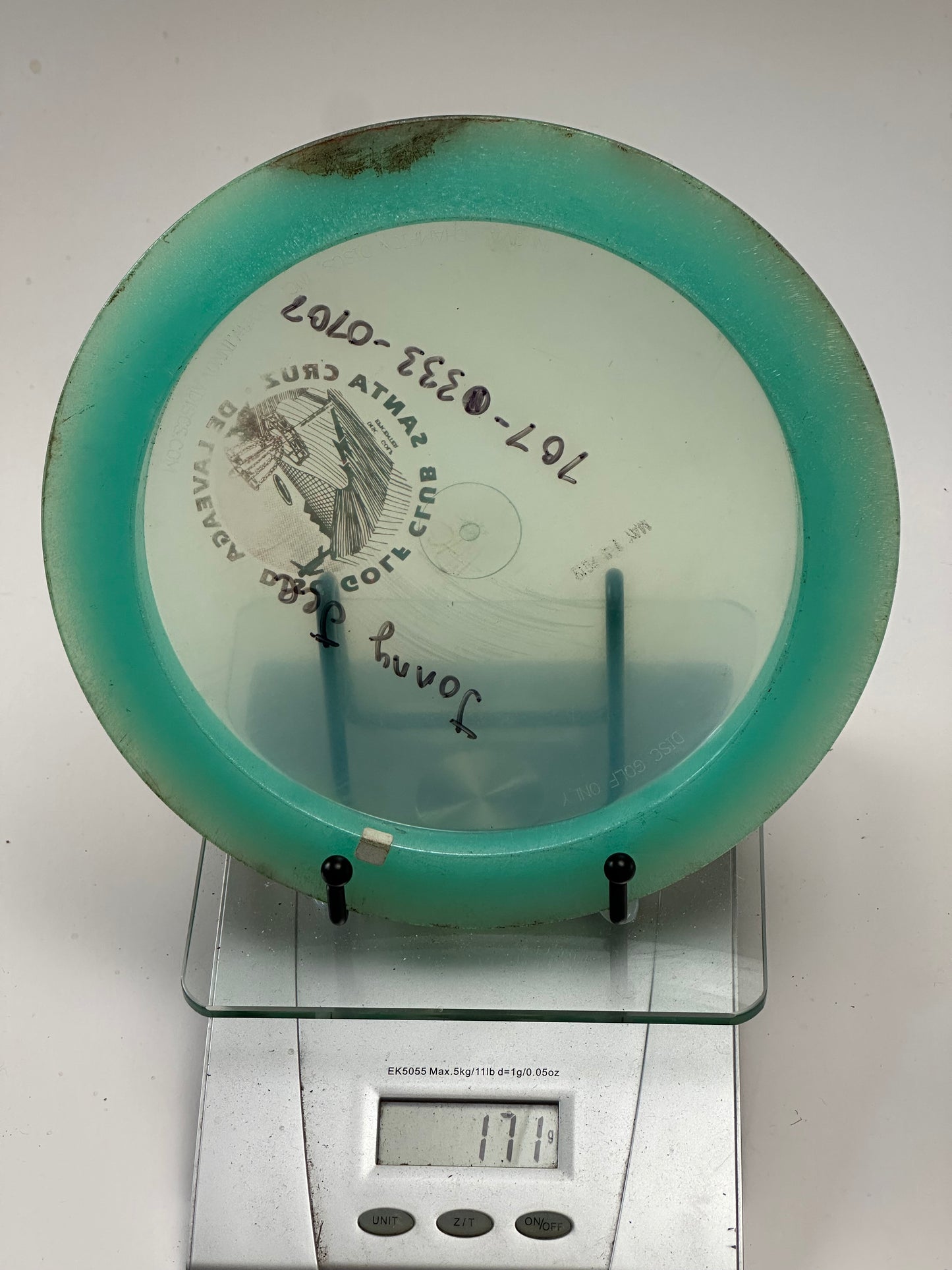 Innova Champion Boss – Transparent w/ Aqua Rim, Santa Cruz Disc Golf Club Stamp