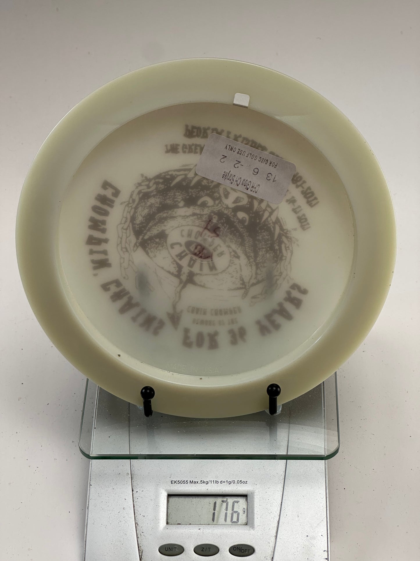 Innova Champion Glow Shryke (Chain Chomper Peoria Frisbee Club Stamp) White