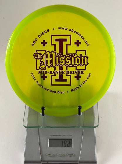 ABC Discs Champion-like translucent premium plastic Mission ABC Discs Mission mid-range driver translucent premium plastic neon yellow/green dark red stamp