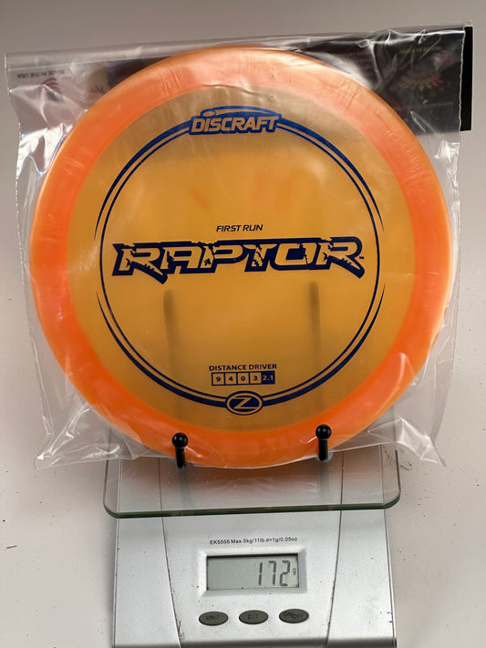 Discraft Z Raptor First Run Distance Driver - Transparent Orange w/ Blue Stamp