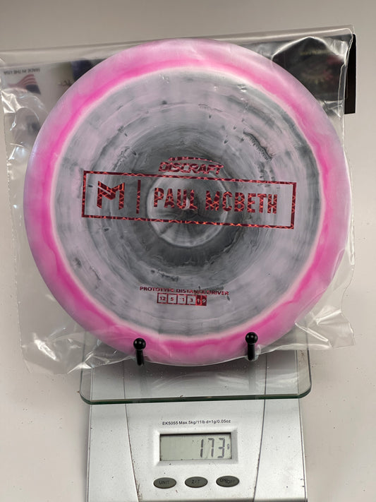 Discraft ESP Prototype Zeus Distance Driver – Pink/Gray Swirl, Red McBeth Stamp 173g