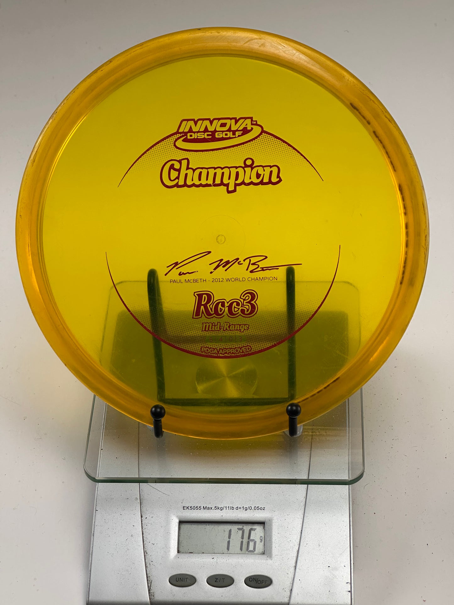Innova Champion Roc3 Midrange - Transparent Yellow, McBeth 2012 Stamp, Rim Ink