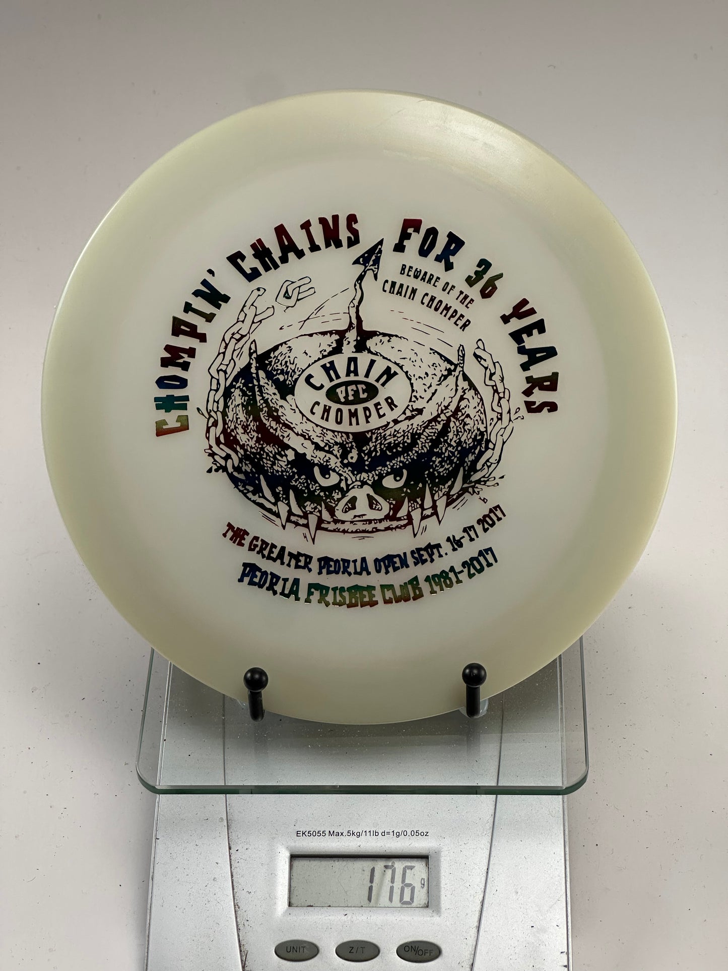 Innova Champion Glow Shryke (Chain Chomper Peoria Frisbee Club Stamp) White